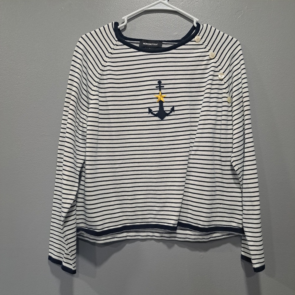 Norton Studio Womens Nautical Stripe Anchor Sweater Navy White Button Shoulder L